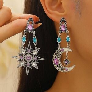 purple silver blue star moon celestial party‎ festival dangle stud earrings